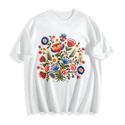 Folk Art Short-sleeve a Bohemian with Faux Embroidered Cotton T-Shirt in White