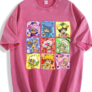 Cartoon Friends Nostalgia 80's Cartoon Characters Rainbow vintage washed oversized T-shirt in Red