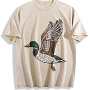 Embroidered Duck Animal Lover Vintage Washed T-Shirt in Beige