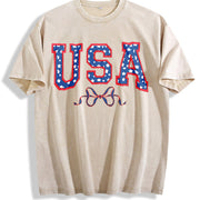 Embroidered USA Bow Coquette Vintage Washed T-Shirt in Beige