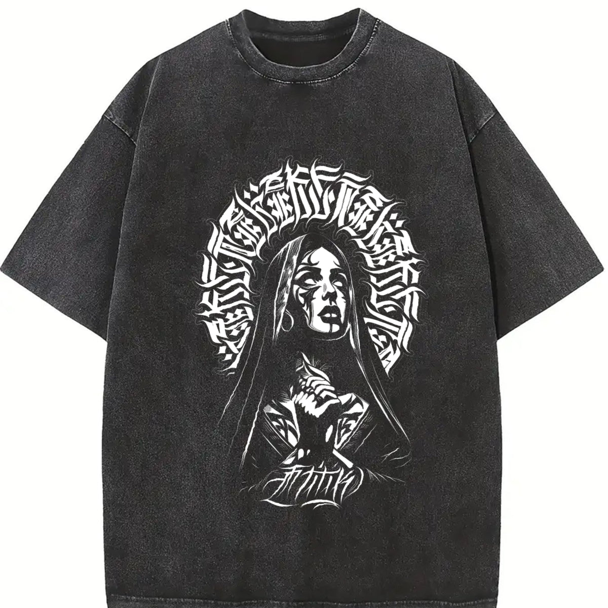 Praying Nun Tattoo Art Inspired Glory Threads Faith & vintage washed oversized T-shirt in Black