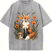 Plant and Animal Fox Floral Spotted Mushroom 1pc Vintage Washed T-Shirt in Gray