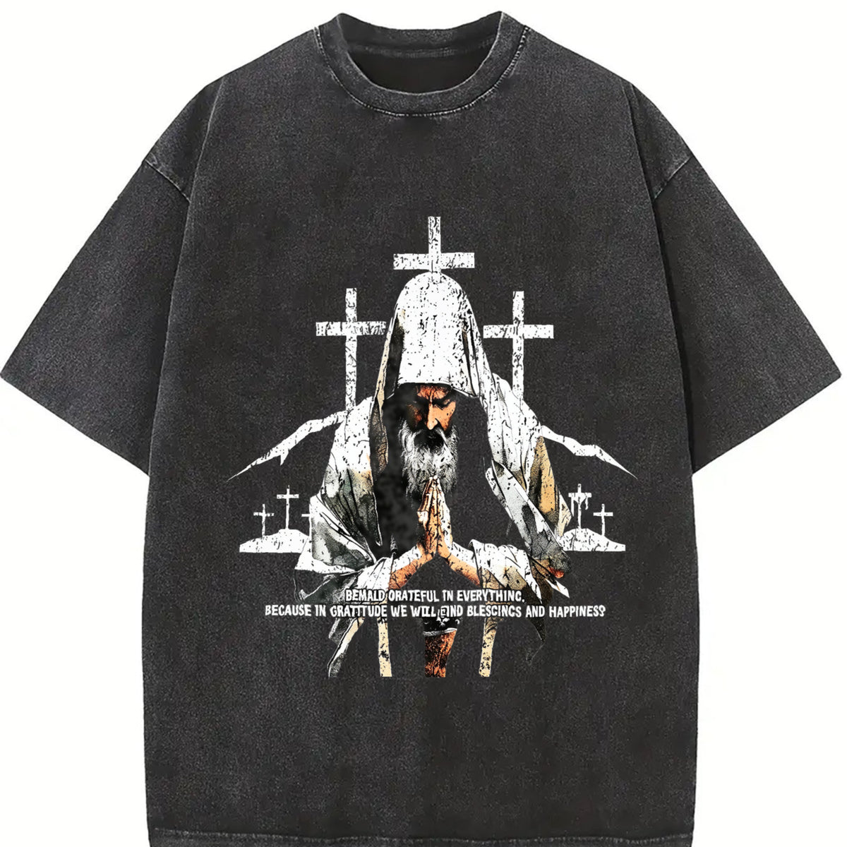 Religious Prayer Cross Black Grunge Vintage Washed T-Shirt in Black