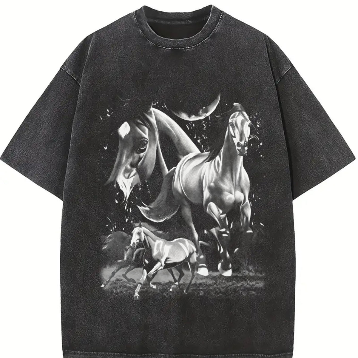 Wild Horses Retro Running Horse Vintage Washed T-Shirt in Black