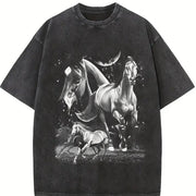 Wild Horses Retro Running Horse Vintage Washed T-Shirt in Black