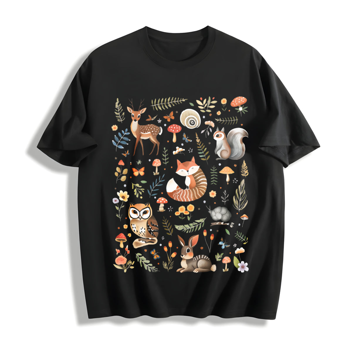 With Forest Animals and Flowers Cotton T-Shirt in Black