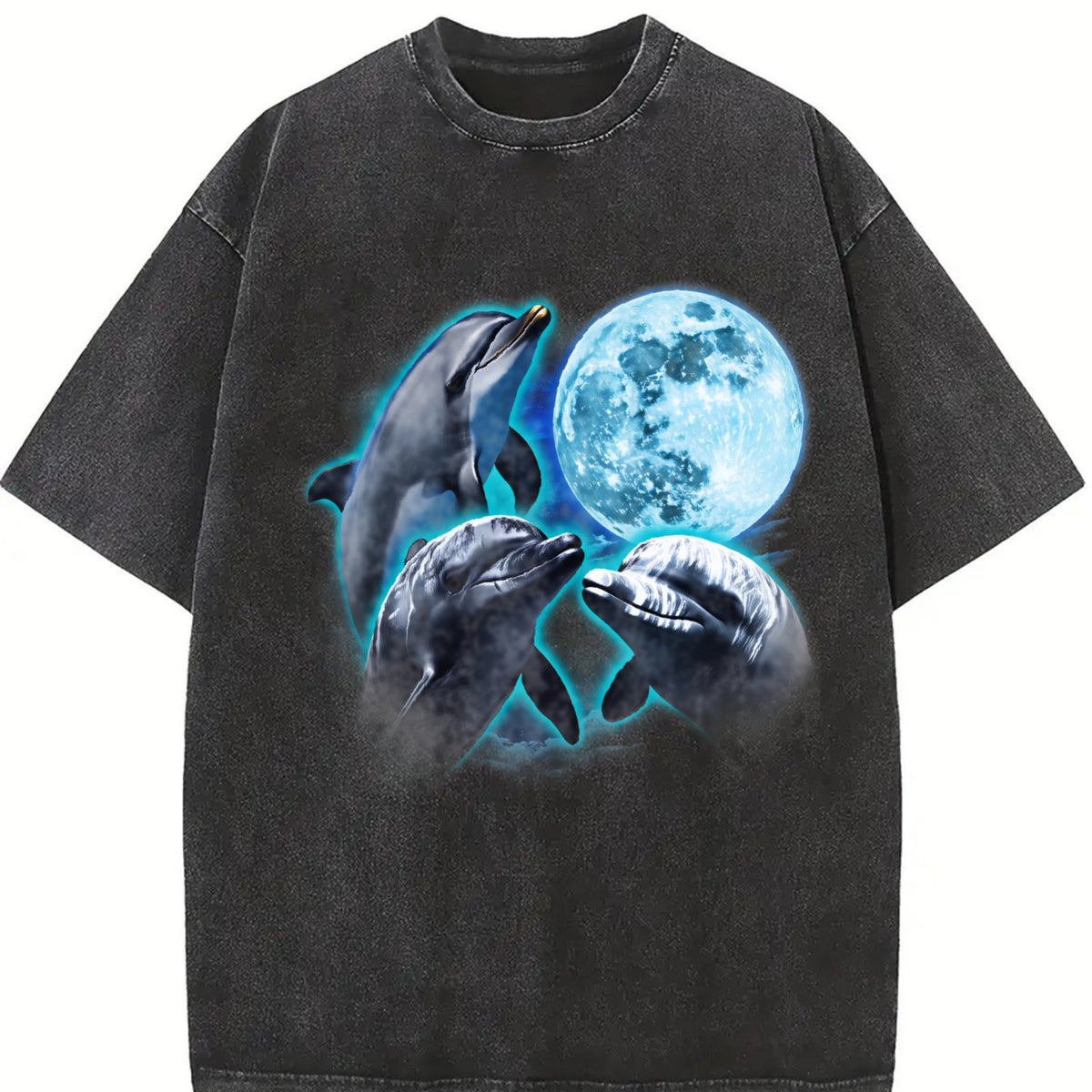 Three Dolphin Retro Dolphin Moon Vintage Washed T-Shirt in Black
