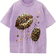 Leopard Lips and Soccer Ball Vintage Washed T-Shirt in Purple