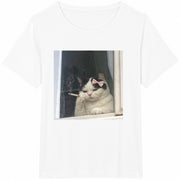 Smoking Cat Cute Bow Cat Meme Cotton T-Shirt in White