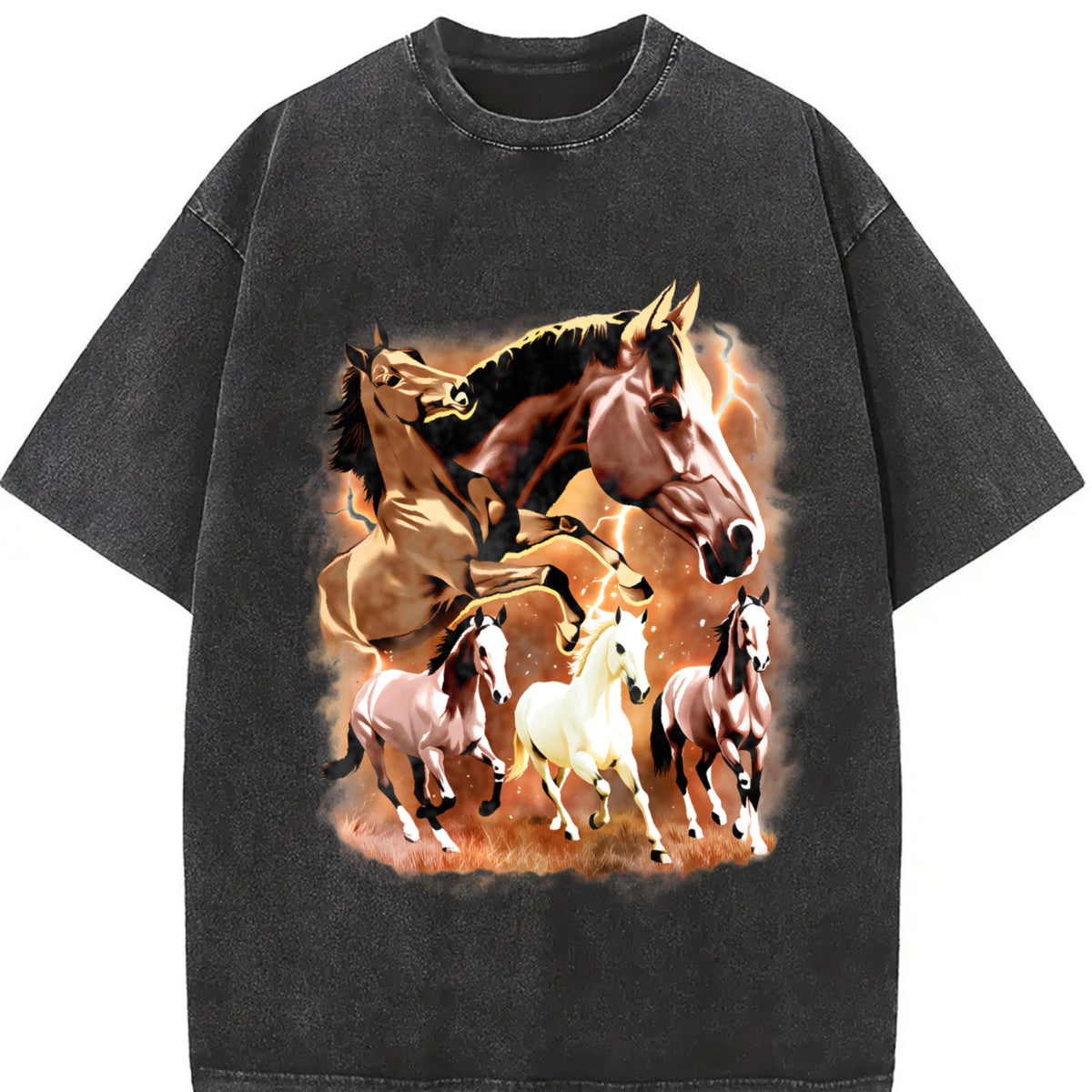 Wild Horses Retro Western Cowboy Vintage Washed T-Shirt in Black