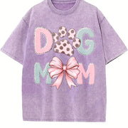Dog Mom Paw Print Bow Vintage Washed T-Shirt in Purple