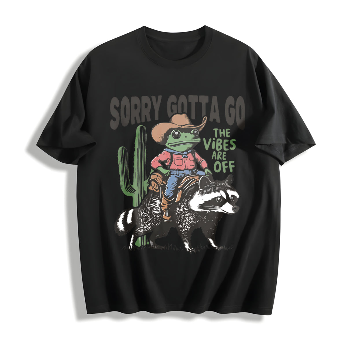 Raccoon Cowboy Frog Retro Cotton T-Shirt in Black