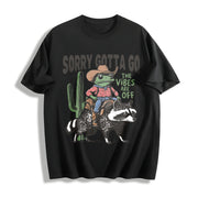 Raccoon Cowboy Frog Retro Cotton T-Shirt in Black