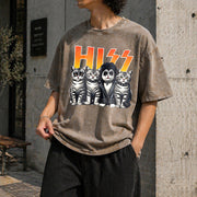 Cute Hiss Cats Rock Kittens Kitty Rocking Music Cat Lovers Vintage Washed T-Shirt in Brown