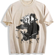 Jesus Cross Long Sleeve Double Sides For Him For Her vintage washed oversized T-shirt in Beige
