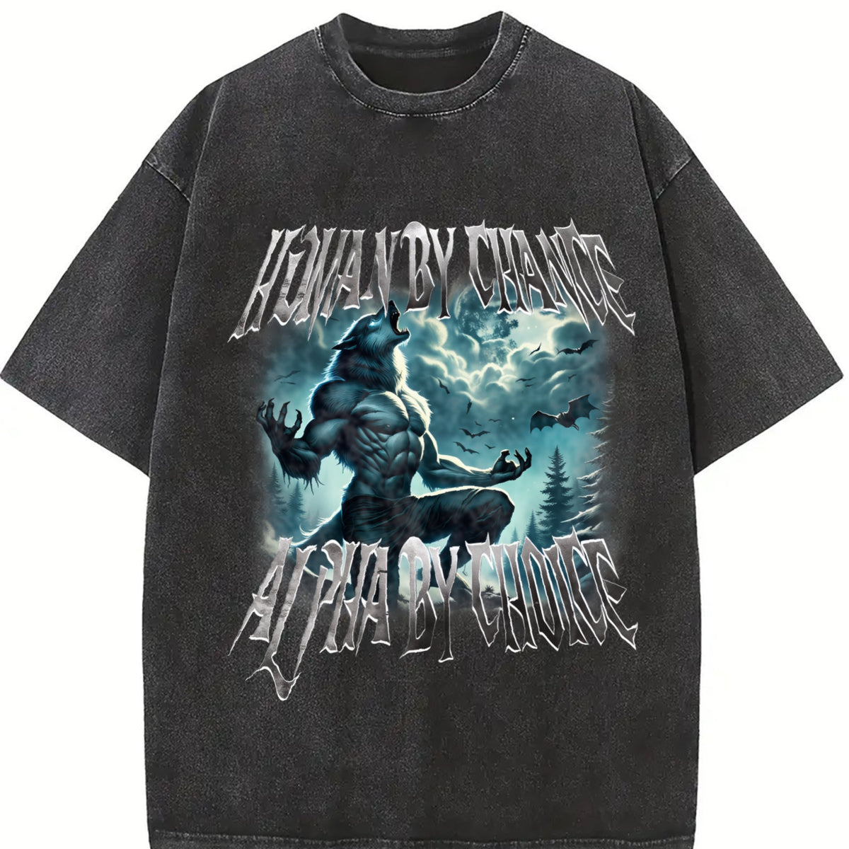 Human by Chance Alpha by Choice Wolf Vintage Washed T-Shirt in Black