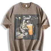 Raccoon Drinking Iced Coffee vintage washed oversized T-shirt in Brown