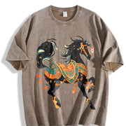 New Year's Winter Ethnic Exotic Golden Edition Black Horse Vintage Washed T-Shirt in Brown