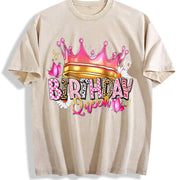 Birthday Queen Cartoon Spring/ Regular Length vintage washed oversized T-shirt in Beige