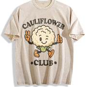 Cauliflower Club Veggie Lover Retro Cartoon Vintage Washed T-Shirt in Beige