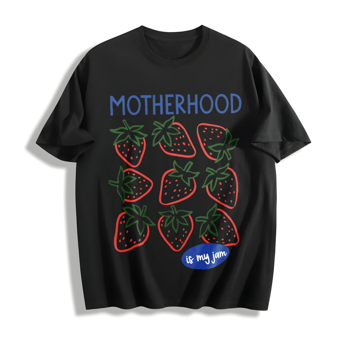 Motherhood Is My Jam Strawberry Pun Mom Life Cotton T-Shirt in Black