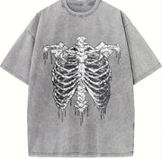 Gothic Skeleton Ribcage Drip Sleeveless Tank Vintage Washed T-Shirt in Gray