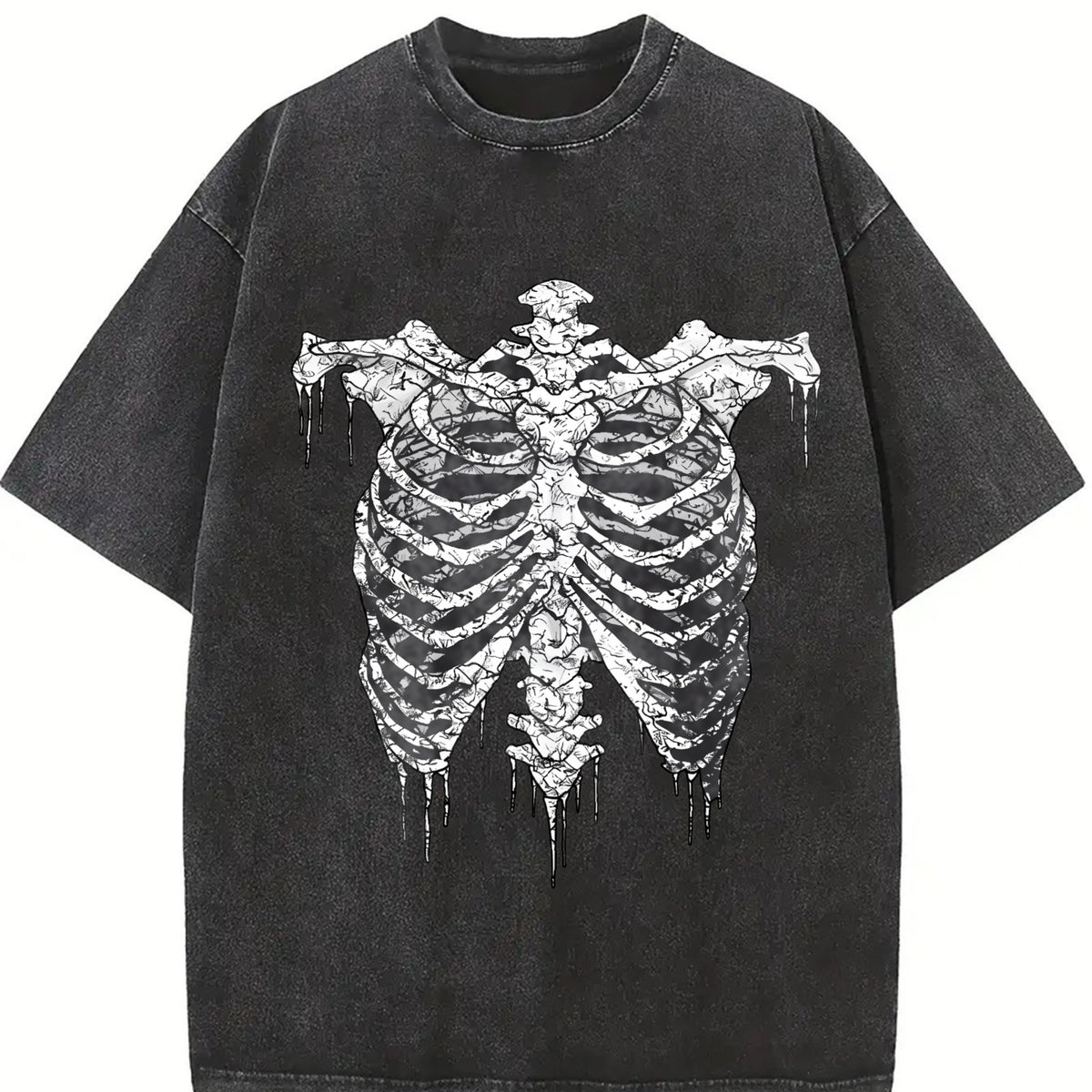 Gothic Skeleton Ribcage Drip Sleeveless Tank Vintage Washed T-Shirt in Black