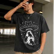 Cat UFO Cute Kitty Space Spaceship Alien Vintage Washed T-Shirt in Black