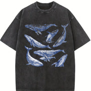 Whale 90s Tattoo Retro ® Y2k Ocean Humpback Whale Vintage Washed T-Shirt in Black