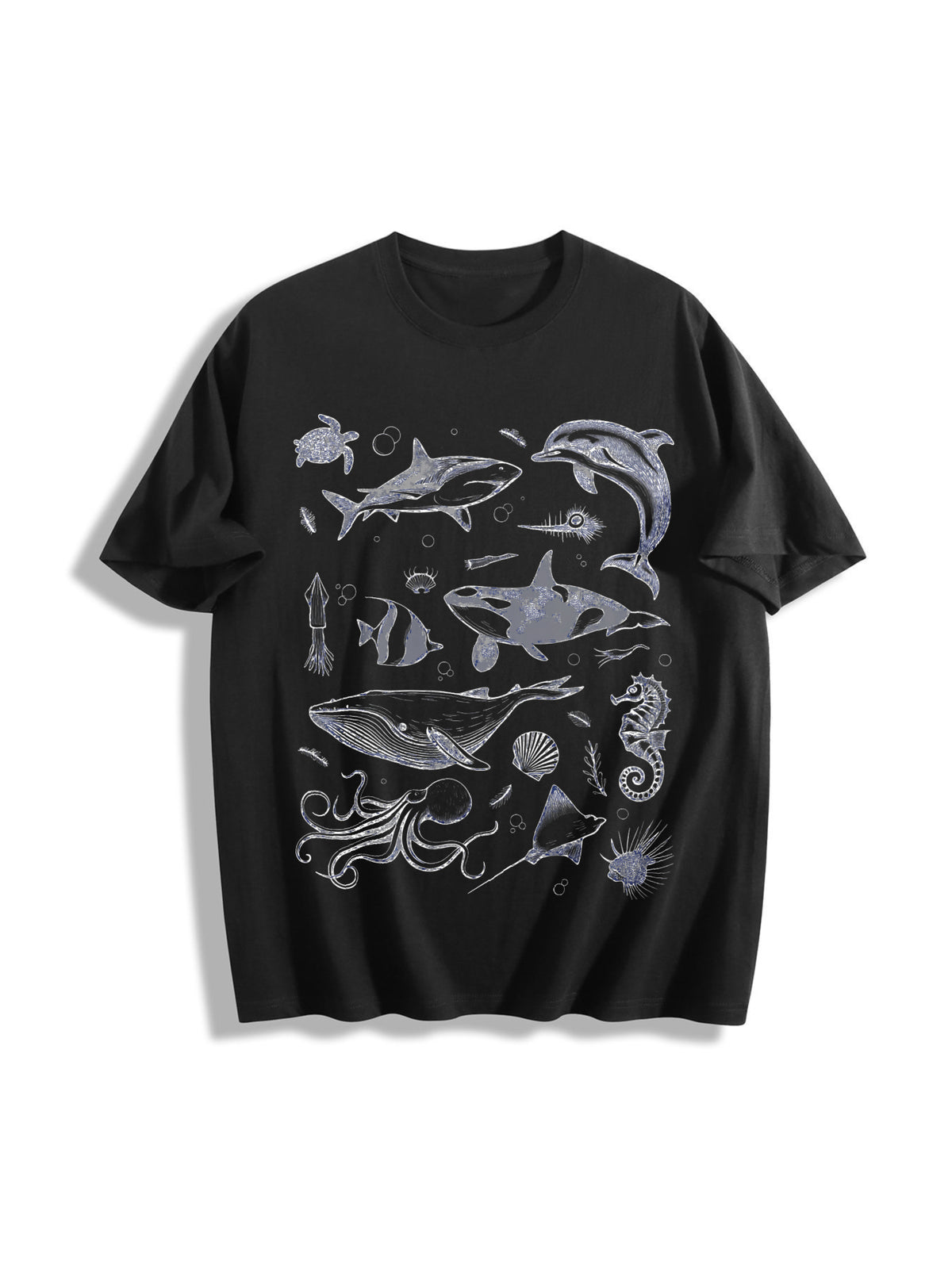 Sea Creatures 90s Tattoo Sea Animal Cotton T-Shirt in Black