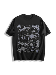 Sea Creatures 90s Tattoo Sea Animal Cotton T-Shirt in Black