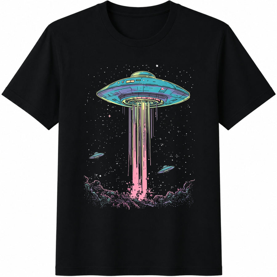 UFO Alien Abduction Cotton T-Shirt in Black