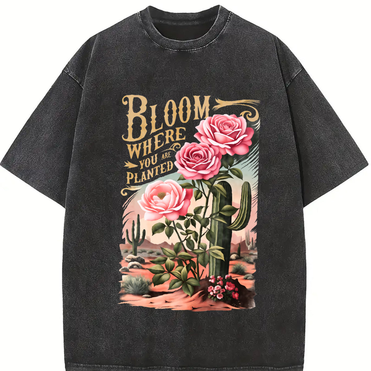 Desert Cactus Flower Letter Vintage Washed T-Shirt in Black