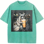 Raccoon Drinking Iced Coffee Vintage Washed T-Shirt in Blue