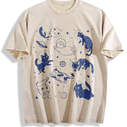 Retro Cats in Space with Stars and Planets 90s Vintage Washed T-Shirt in Beige