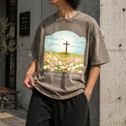 Christian Easter He Is Risen Vintage Washed T-Shirt in Brown
