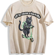 Black Cat Scooter Off to Cause a Kerfuffle Boxy Vintage Washed T-Shirt in Beige