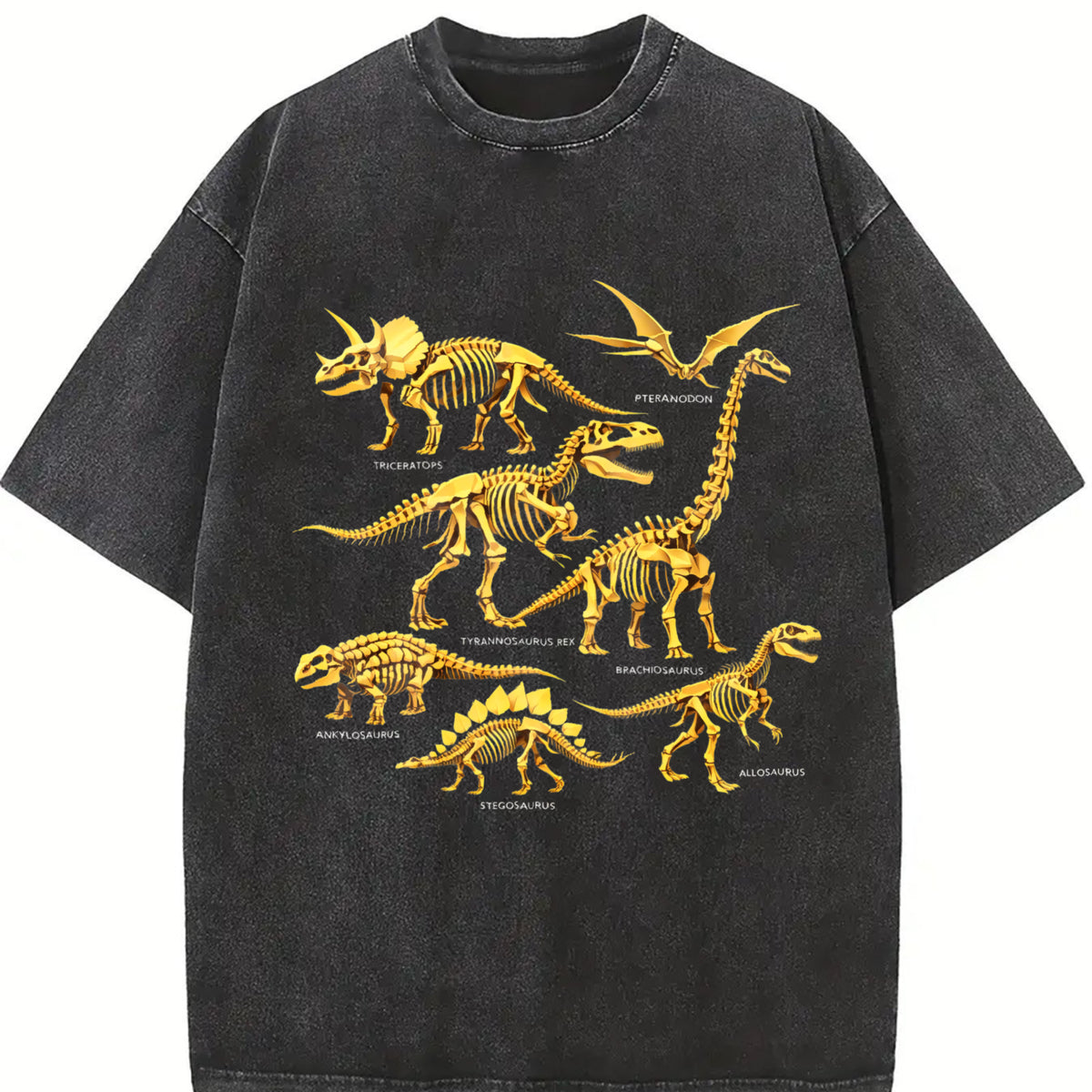 Dinosaur Skeleton 90s Vintage Washed T-Shirt in Black