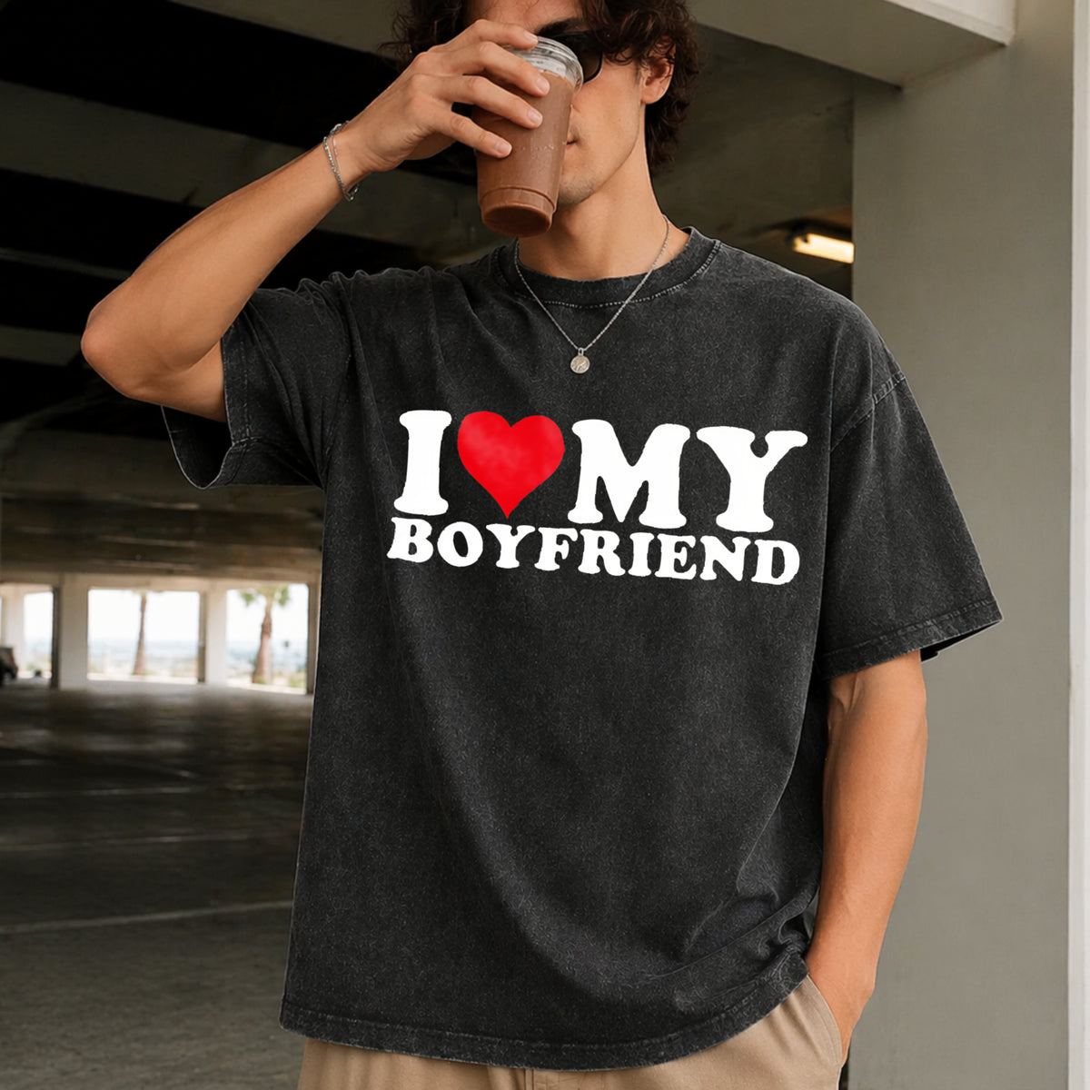 I Love My Heart for Couples Suits Vintage Washed T-Shirt in Black