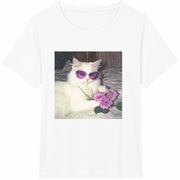 White Cat with Purple Sunglasses and Roses Cotton T-Shirt in White