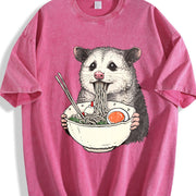 Opossum Ramen Retro Possum Eating Noodles Vintage Washed T-Shirt in Red