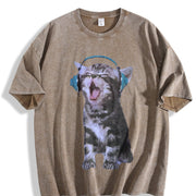Y2K Headphones Cat Vintage Washed T-Shirt in Brown