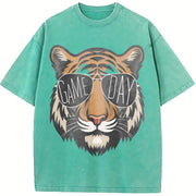 Tigers with Game Day Glasses Game Day Mascot Vintage Washed T-Shirt in Blue