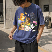 Retro Kitten 90s Cute Cats Pullover Vintage Washed T-Shirt in Blue