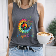 Colorful Sunflower Peace Signs Hippie Soul Text Crew-neck Women's Color Cotton Tank Top in Gray