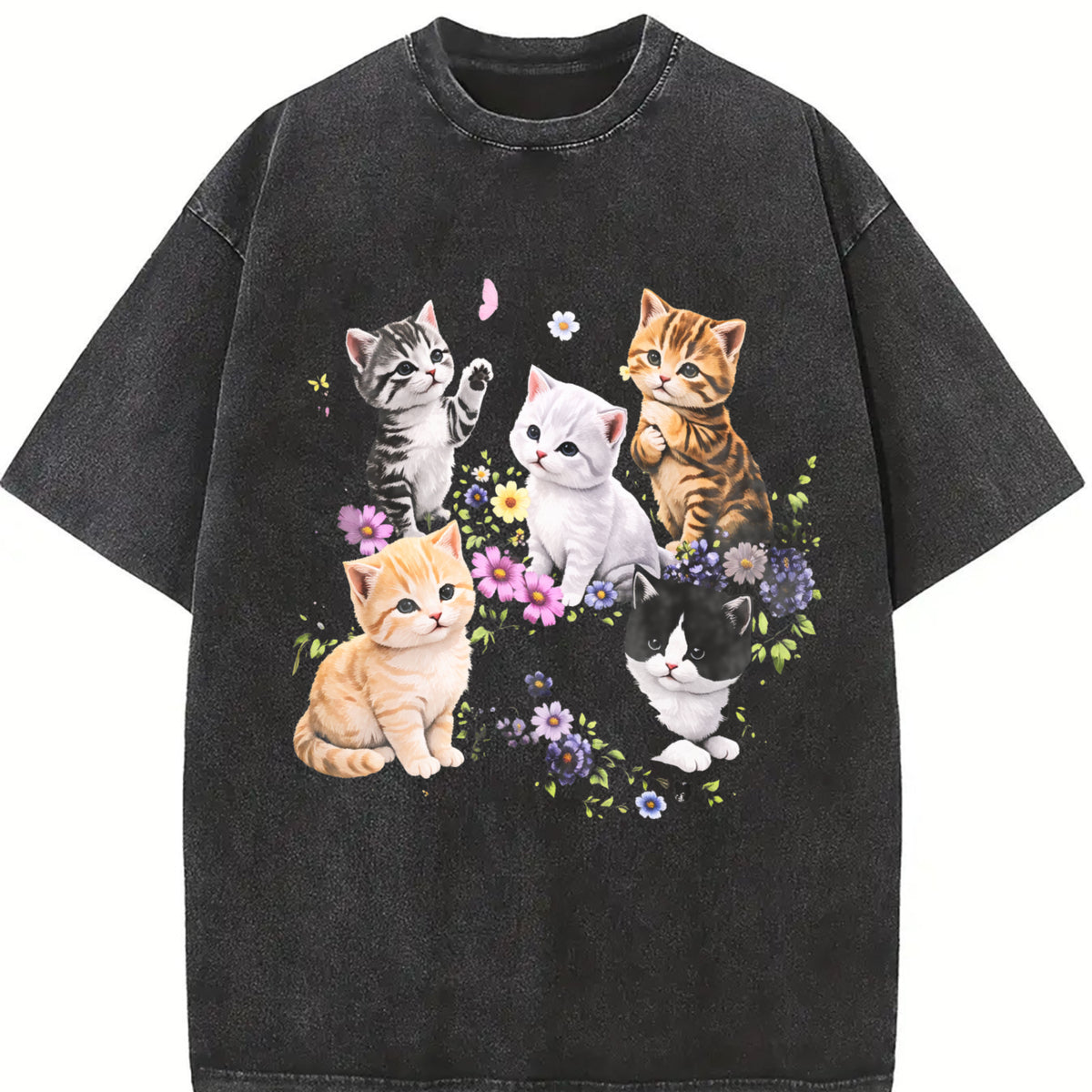 Cute Kitten Floral vintage washed oversized T-shirt in Black