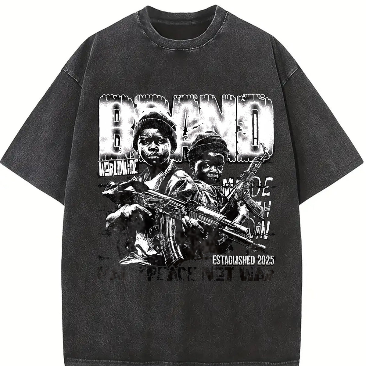 Bang World News War Graphic Vintage Washed T-Shirt in Black