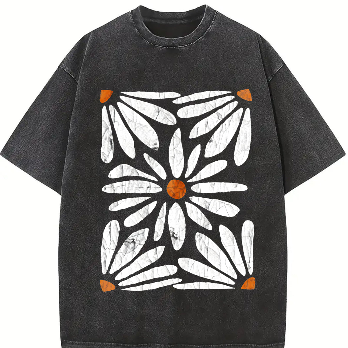 Boho Daisy Botanical Knit vintage washed oversized T-shirt in Black