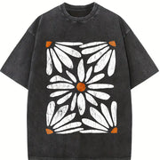 Boho Daisy Botanical Knit vintage washed oversized T-shirt in Black