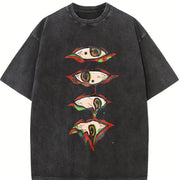 Couple Eye Embroidery vintage washed oversized T-shirt in Black
